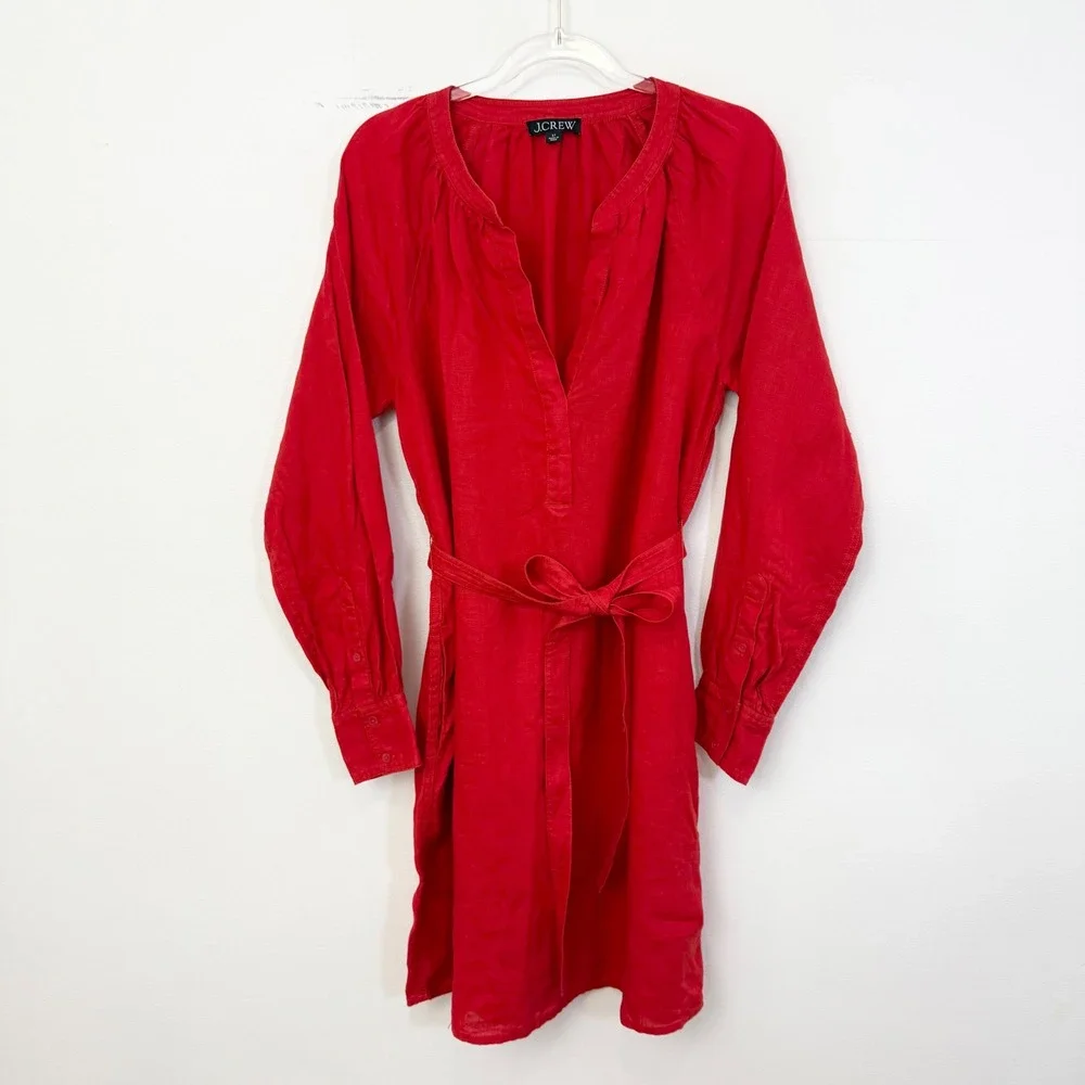 J.Crew Cabana Red Linen Belted Mini Dress Size Small Tall